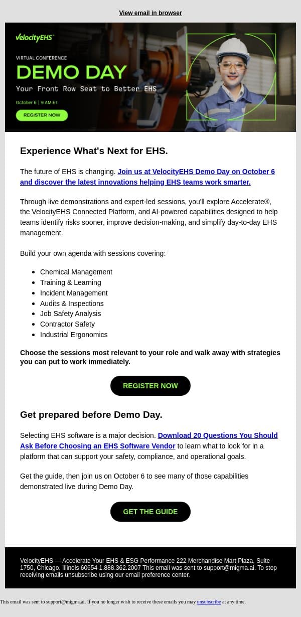 Demo Day: Your Front Row Seat to Better EHS email from VelocityEHS screenshot