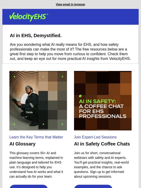 Your quick start to AI in safety: 2 resources email from VelocityEHS