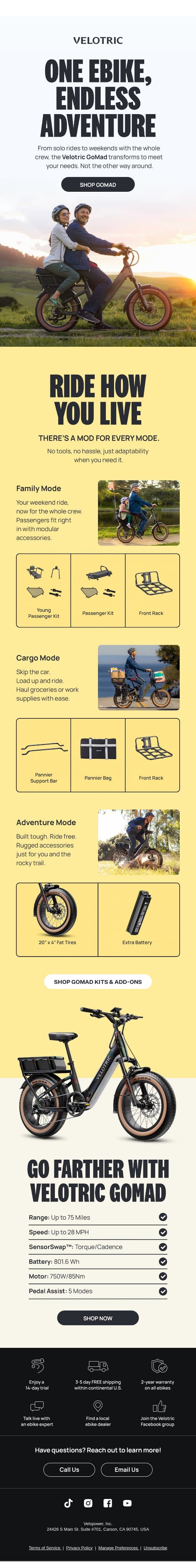 One Ebike, Endless Adventure email from Velotric screenshot