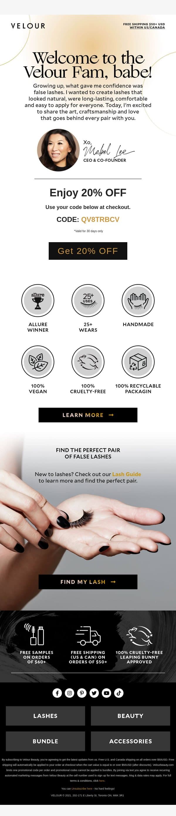 Hi Beautiful, Thanks for Signing Up π email from Velour Beauty screenshot