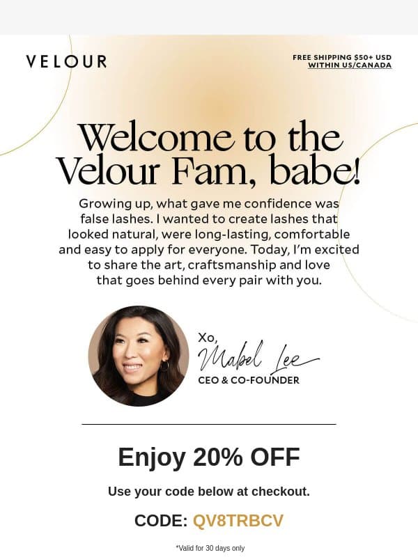 Hi Beautiful, Thanks for Signing Up 👋 email from Velour Beauty