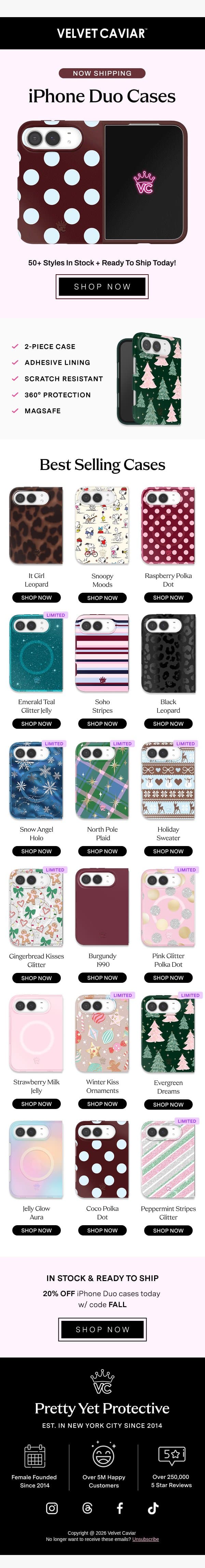 NOW SHIPPING: iPhone Duo Cases 📱 email from Velvet Caviar screenshot