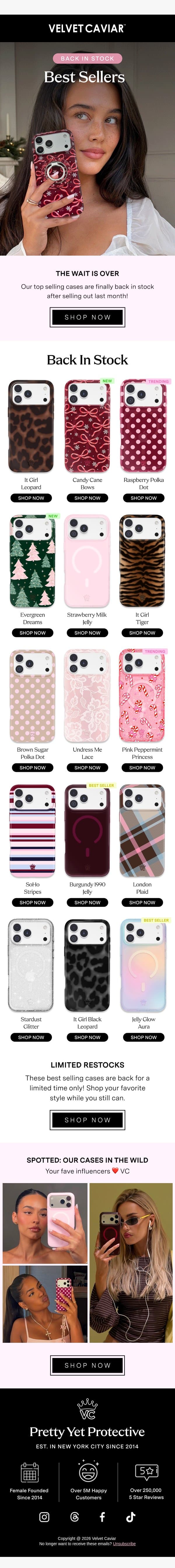 BACK IN STOCK 🎀 Best Selling Cases email from Velvet Caviar screenshot