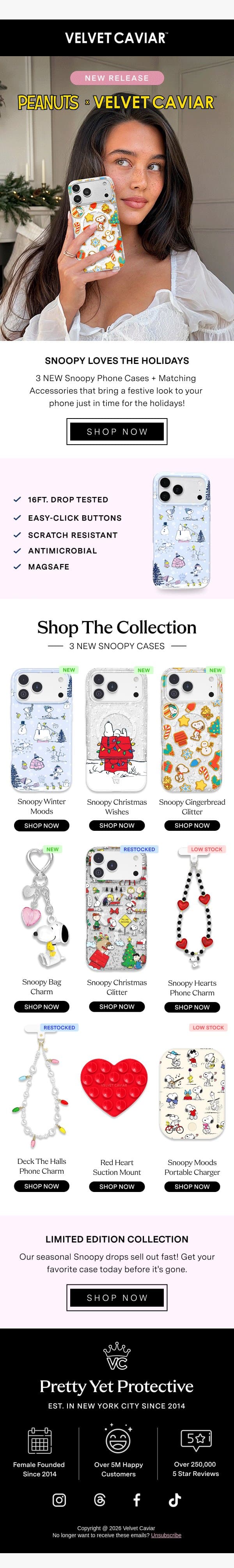 SURPRISE DROP 🐾🎄 Snoopy Holiday email from Velvet Caviar screenshot