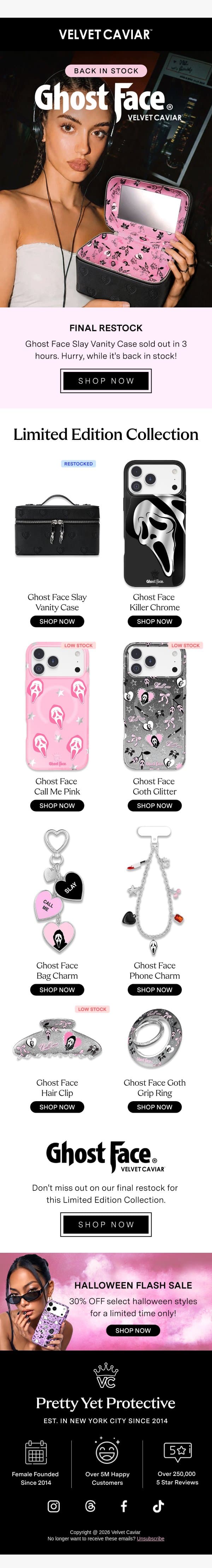 FINAL RESTOCK 🔪💕 Ghost Face email from Velvet Caviar screenshot