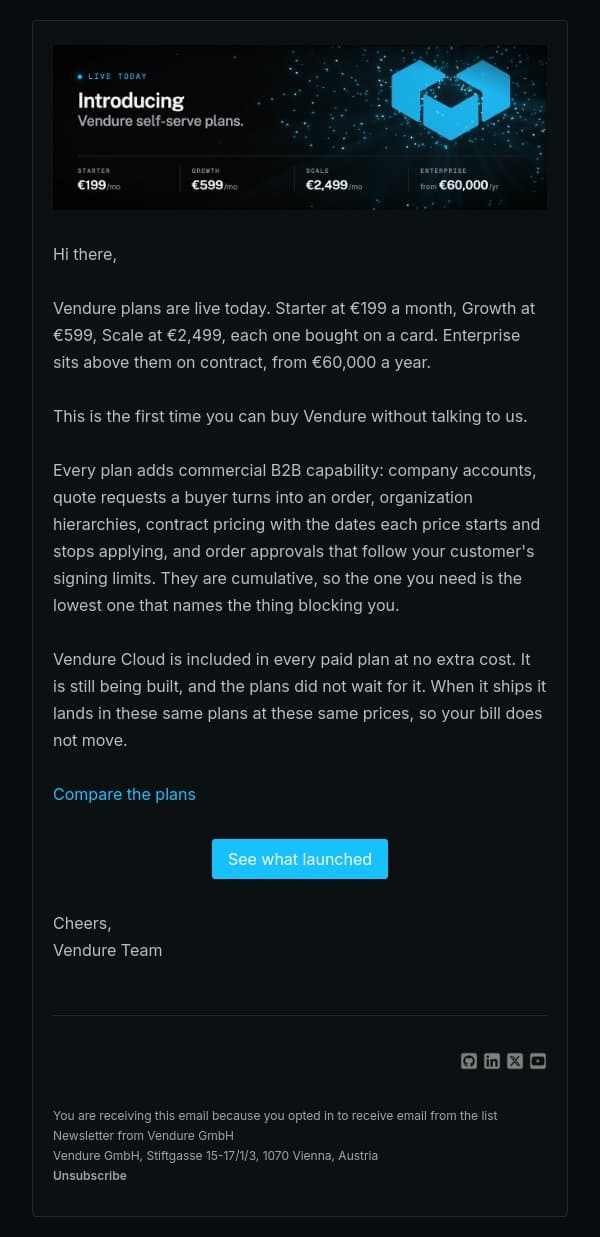 Vendure plans are live email from Vendure screenshot