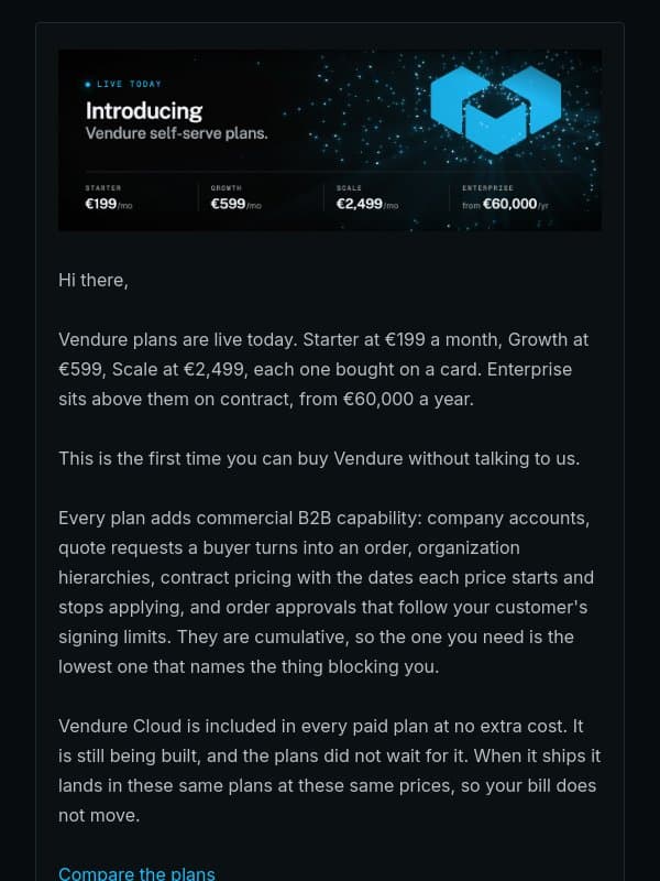 Vendure plans are live email from Vendure