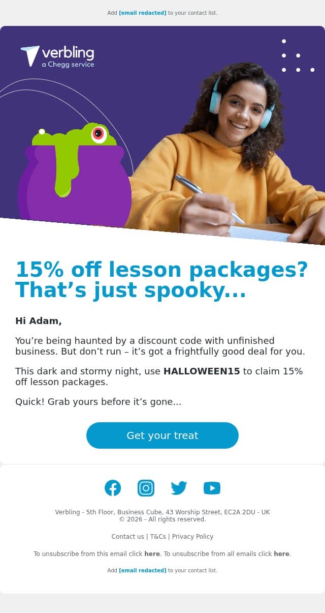 Open for a treat (no trick) 🎃 A deal so good it’s spooky 👻 email from Verbling screenshot