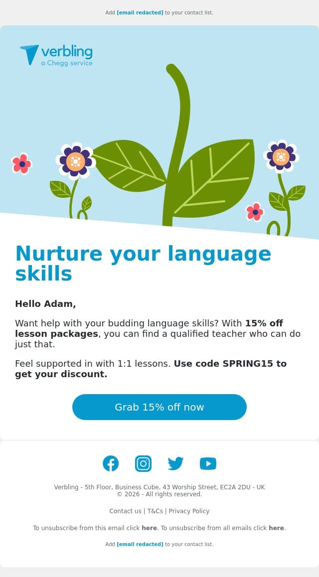 👀 What’s that? 15% off lessons 💥 email from Verbling screenshot