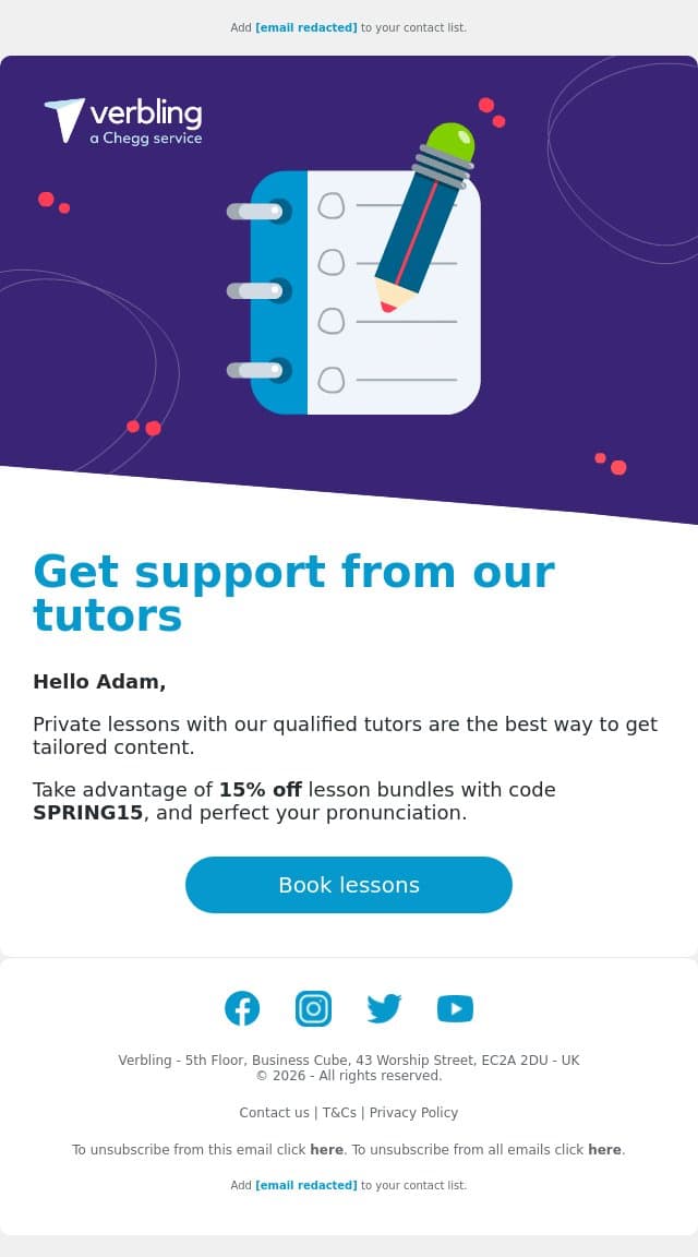 Practice makes perfect 🙌 email from Verbling screenshot