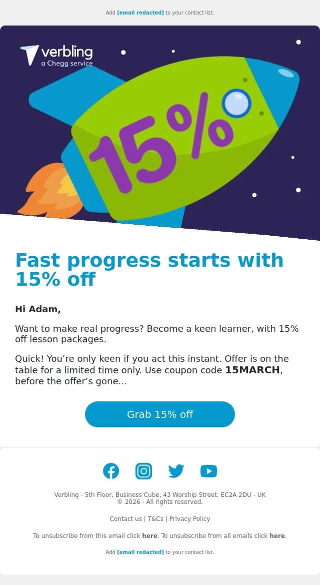 Fast progress starts with 15% off email from Verbling screenshot