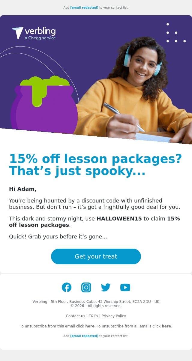 π 15% off starts today π email from Verbling screenshot