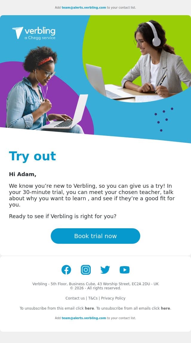 Book your trial now! 🚀 email from Verbling screenshot