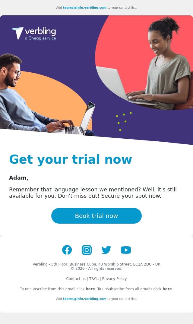 Don't miss your trial! ⌛ email from Verbling screenshot