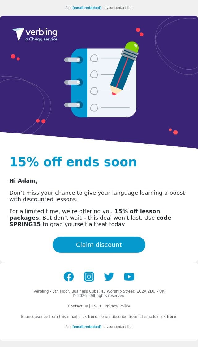 Don’t miss your discount 🔔 email from Verbling screenshot