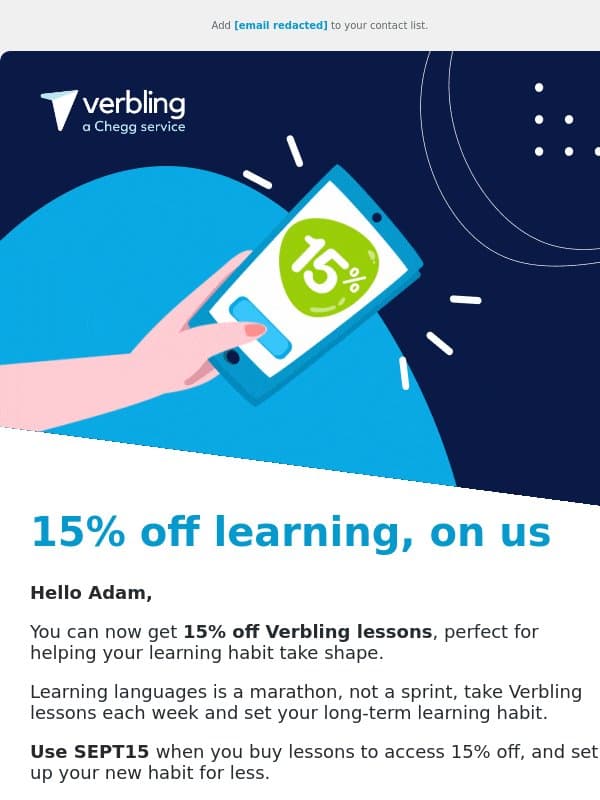 15% off lesson packages 🚀 Take your learning to the next level email from Verbling