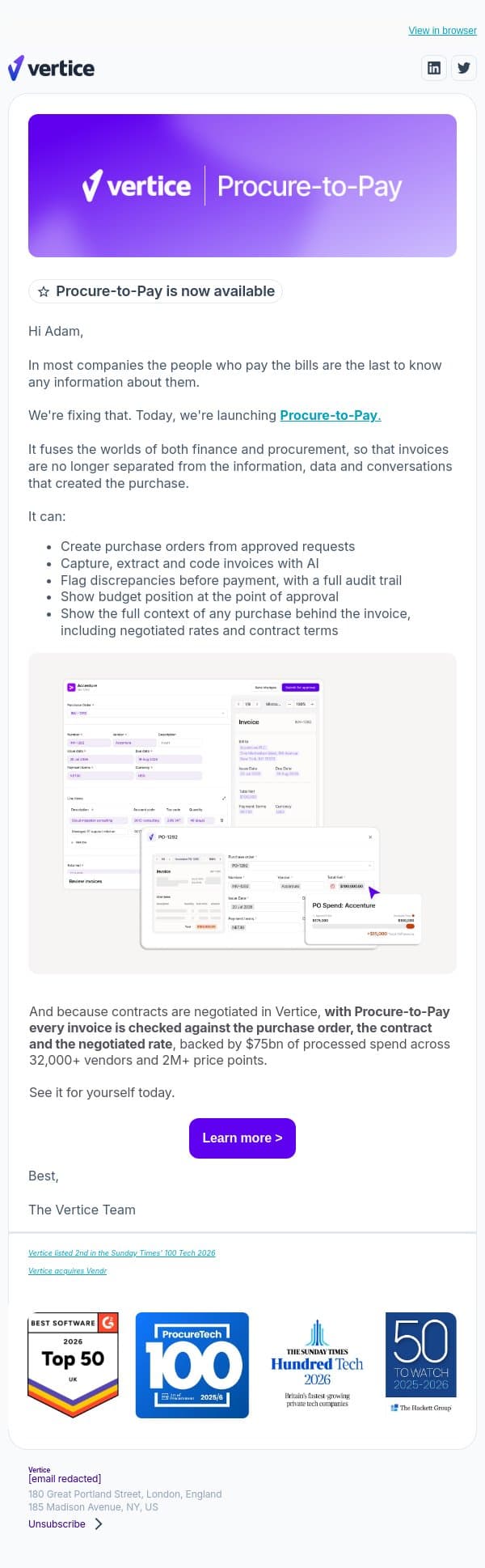 Adam - Procure-to-Pay is here email from Vertice screenshot