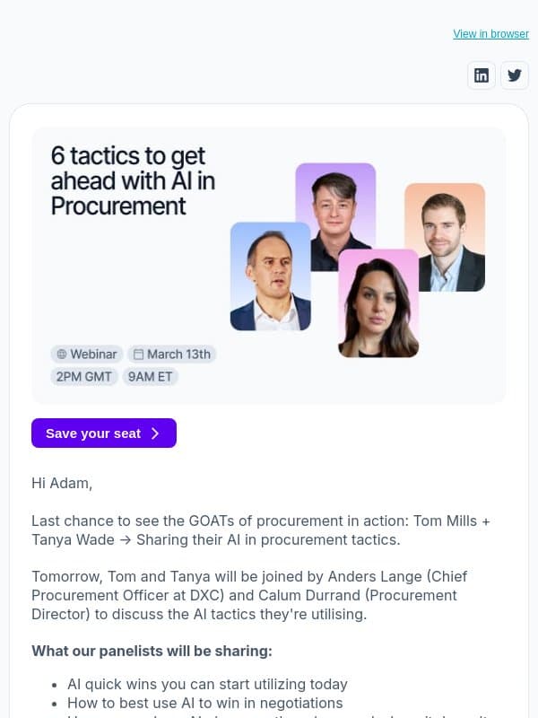 Last chance: Tom Mills + Tanya Wade on AI in Procurement email from Vertice