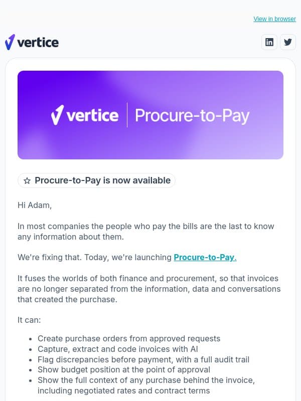 Adam - Procure-to-Pay is here email from Vertice