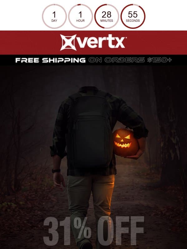 31% OFF for Halloween Ends at Midnight! email from Vertx