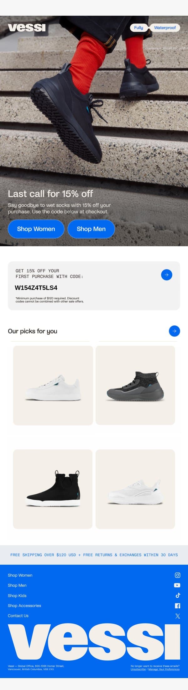 💧 Final chance for 15% off email from Vessi screenshot