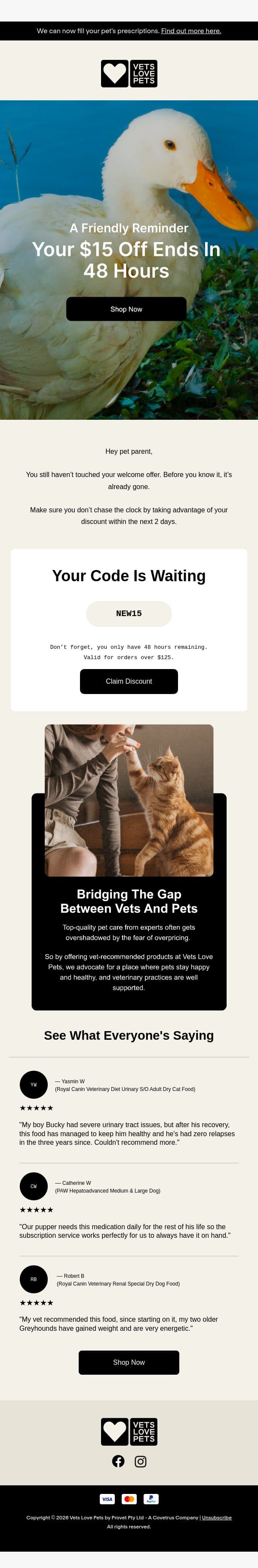 There’s still time — but only 48 hours left for $15 off email from Vets Love Pets screenshot