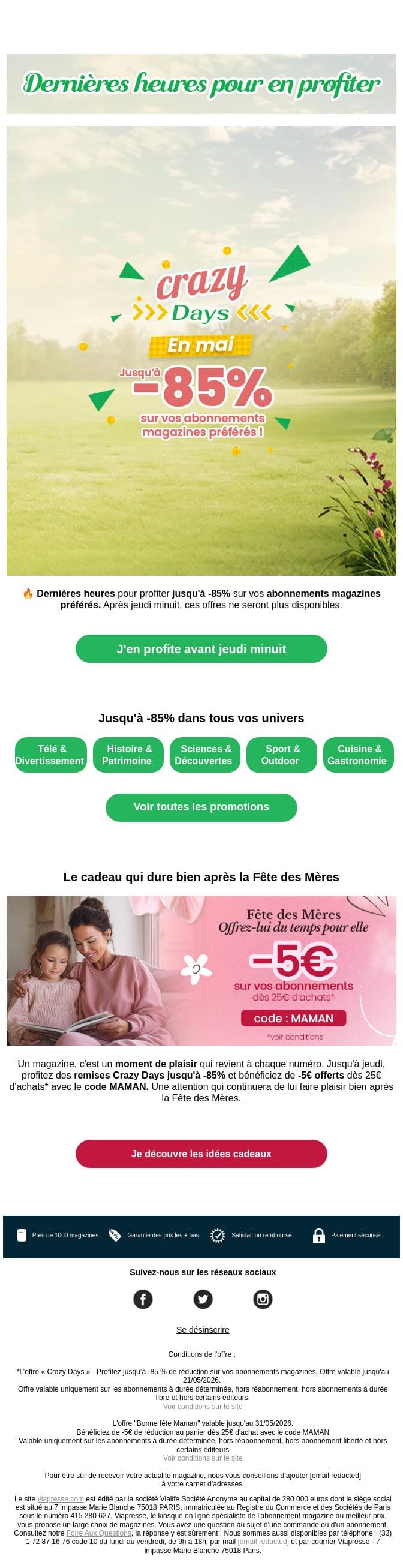 Crazy Days : profitez-en avant jeudi minuit email from Viapresse screenshot