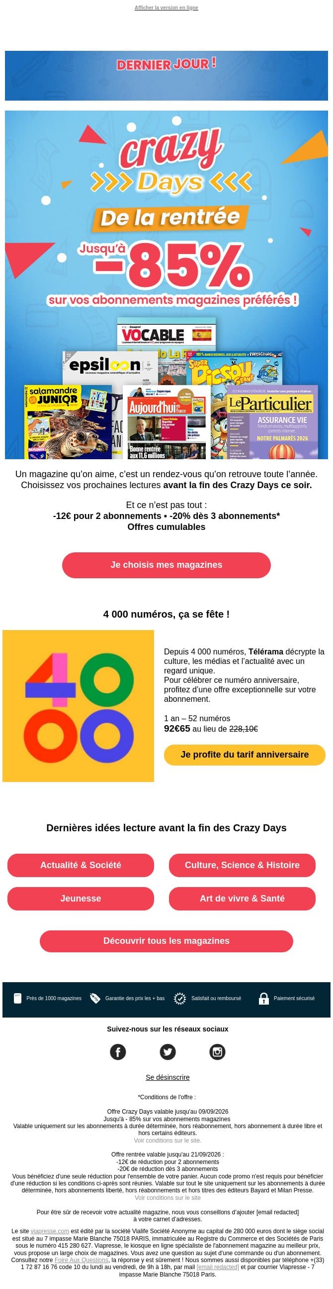 , vos Crazy Days se terminent ce soir email from Viapresse screenshot