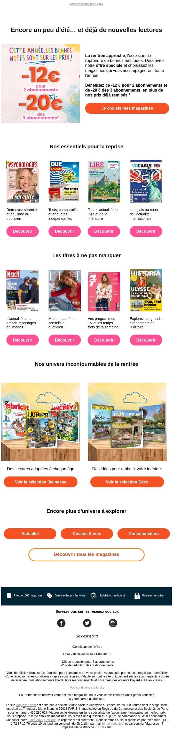 L'offre rentrée est arrivée ! email from Viapresse screenshot