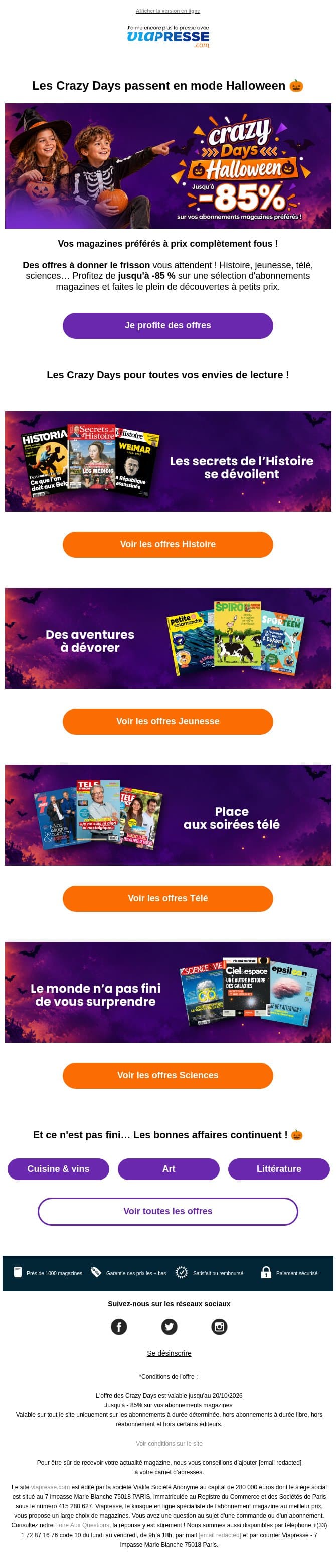 🎃 Crazy Days spécial Halloween : jusqu'à -85 % ! email from Viapresse screenshot