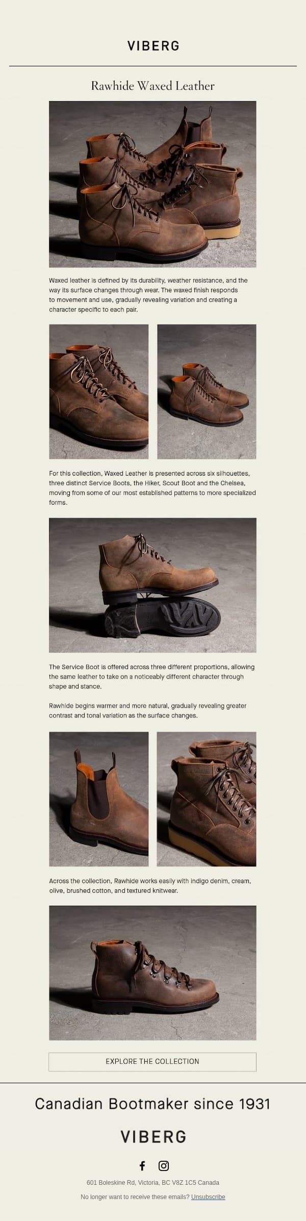 Rawhide Waxed Leather email from Viberg Boot screenshot