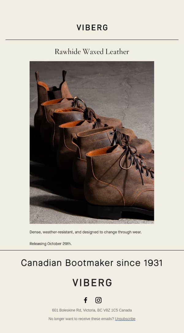 Rawhide Waxed Leather - Releasing October 29th email from Viberg Boot screenshot