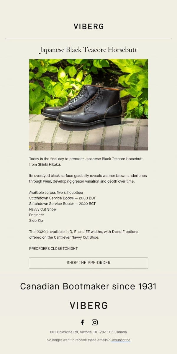 Japanese Black Teacore Horsebutt - Preorders Close Tonight email from Viberg Boot screenshot