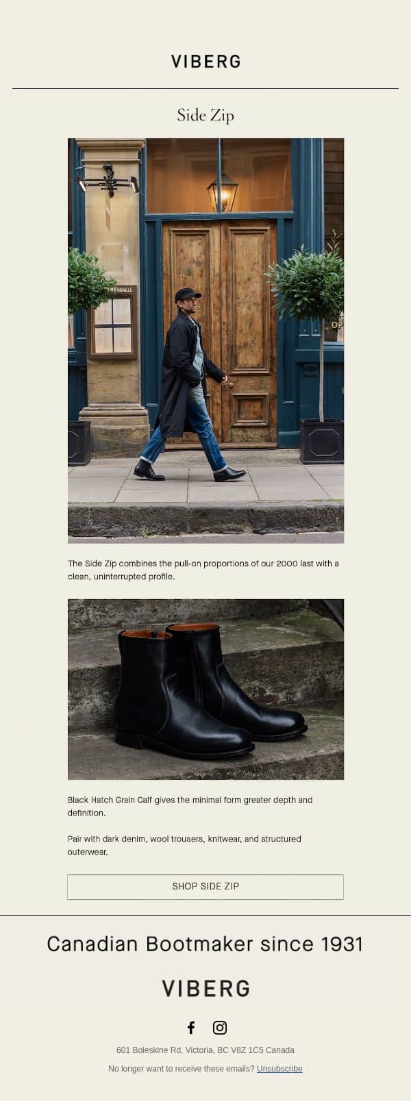 Side Zip - Black Hatch Grain Calf email from Viberg Boot screenshot