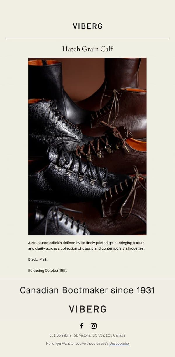 Hatch Grain Calf - Releasing October 15th email from Viberg Boot screenshot