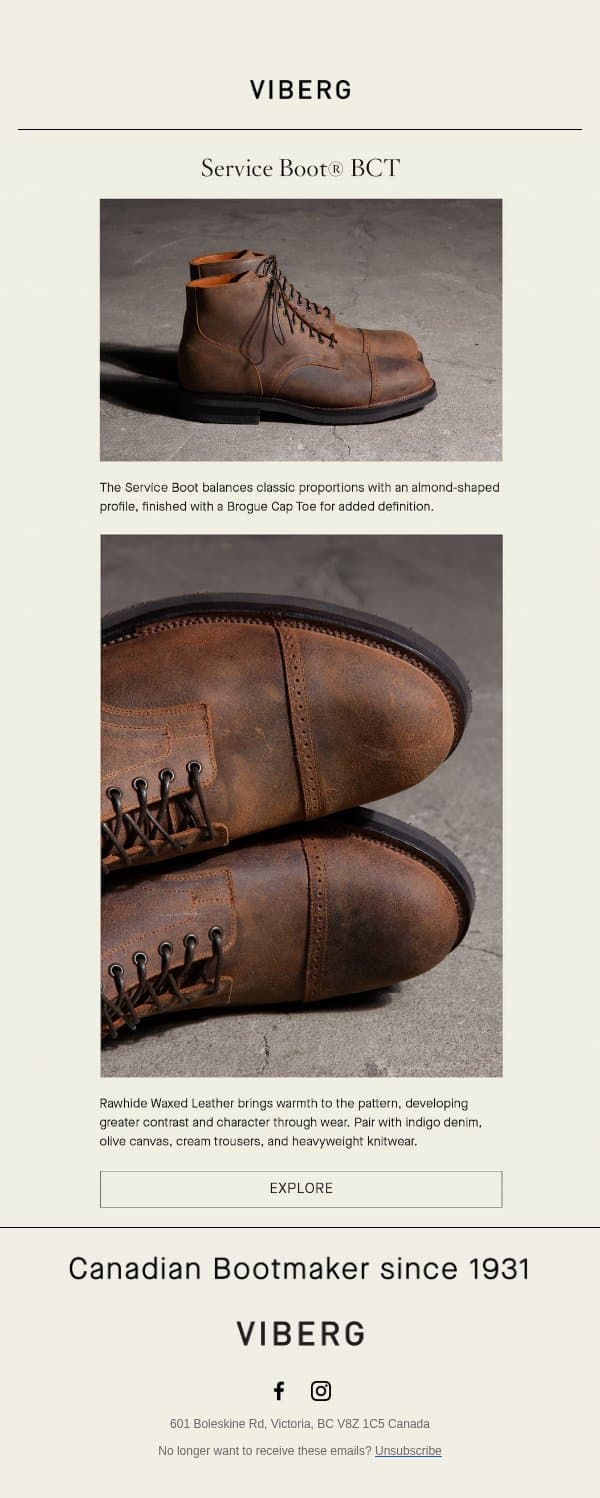 Service Boot® BCT - Rawhide Waxed Leather email from Viberg Boot screenshot