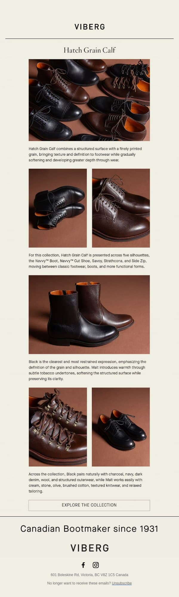 Hatch Grain Calf email from Viberg Boot screenshot
