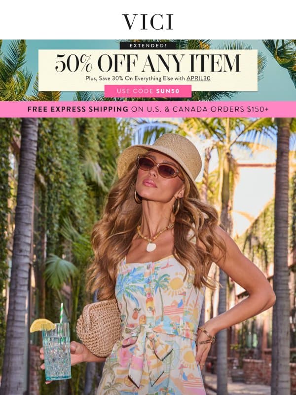 The Monday Drop: MORE New Summer! + 50% Off Any Item For One. More. Day! email from Vici