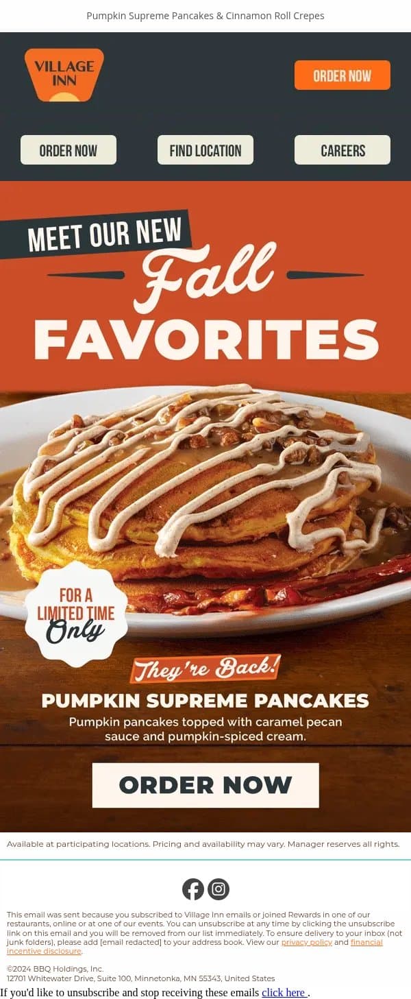 Your Fall Favorites Are Still Here 🥞 email from Village Inn screenshot