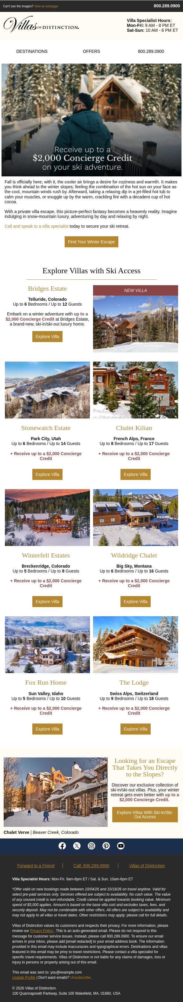 Receive Up to a $2,000 Concierge Credit on Your Ski Retreat email from Villas of Distinction screenshot
