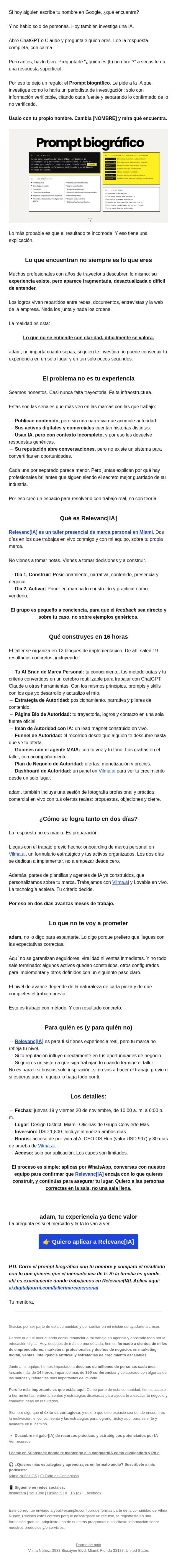 Pregúntale a ChatGPT quién eres email from Vilma Núñez screenshot