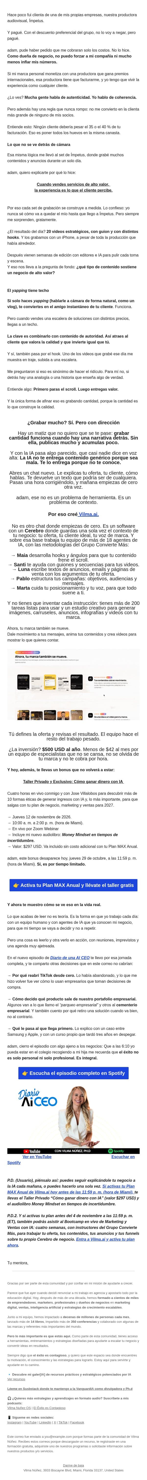 Pagué. Y fui clienta de mi propia empresa email from Vilma Núñez screenshot