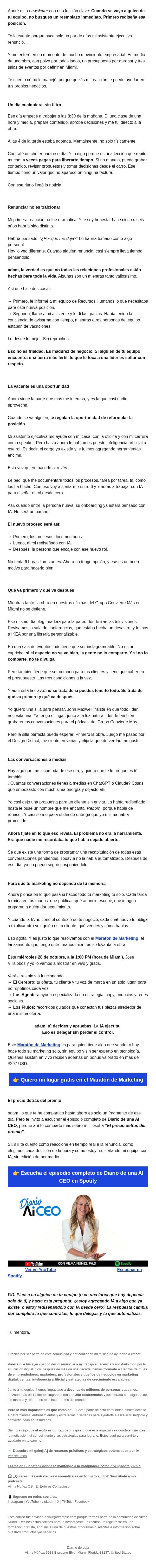 Mi asistente ejecutiva renunció email from Vilma Núñez screenshot