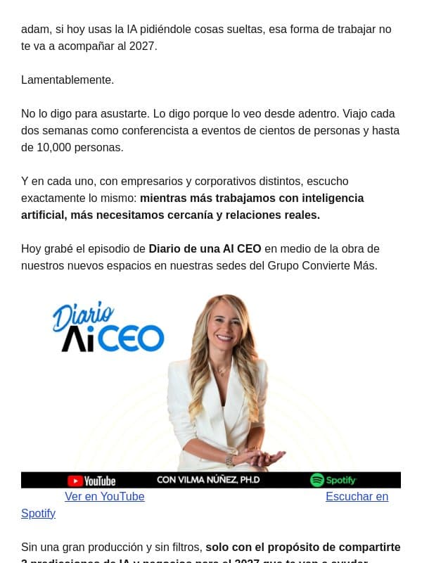 3 predicciones de IA y negocios para 2027 email from Vilma Núñez