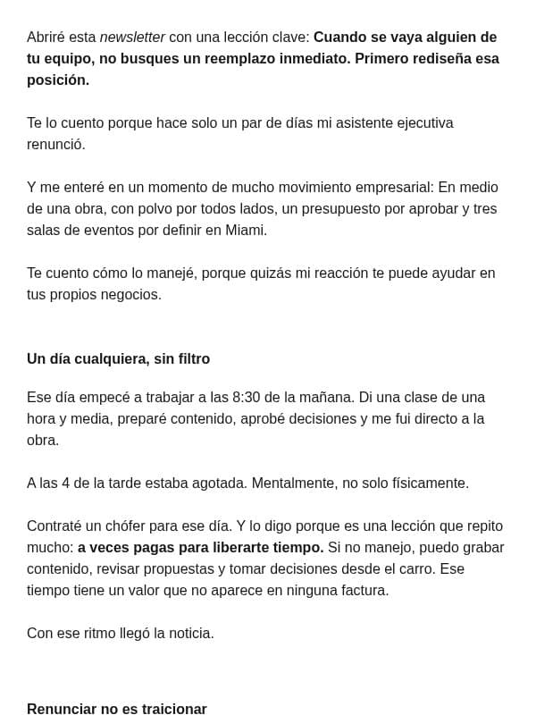 Mi asistente ejecutiva renunció email from Vilma Núñez