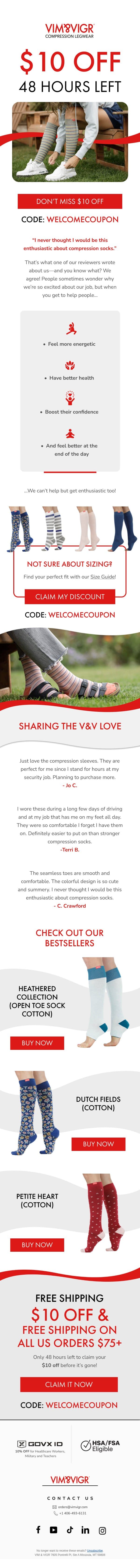 48 hours left to claim your $10 off email from vim & vigr screenshot