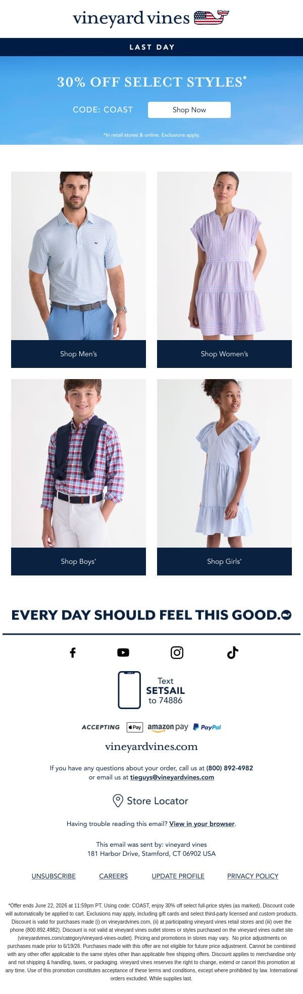 Last Day: 30% Off Select Summer Styles email from Vineyard Vines screenshot