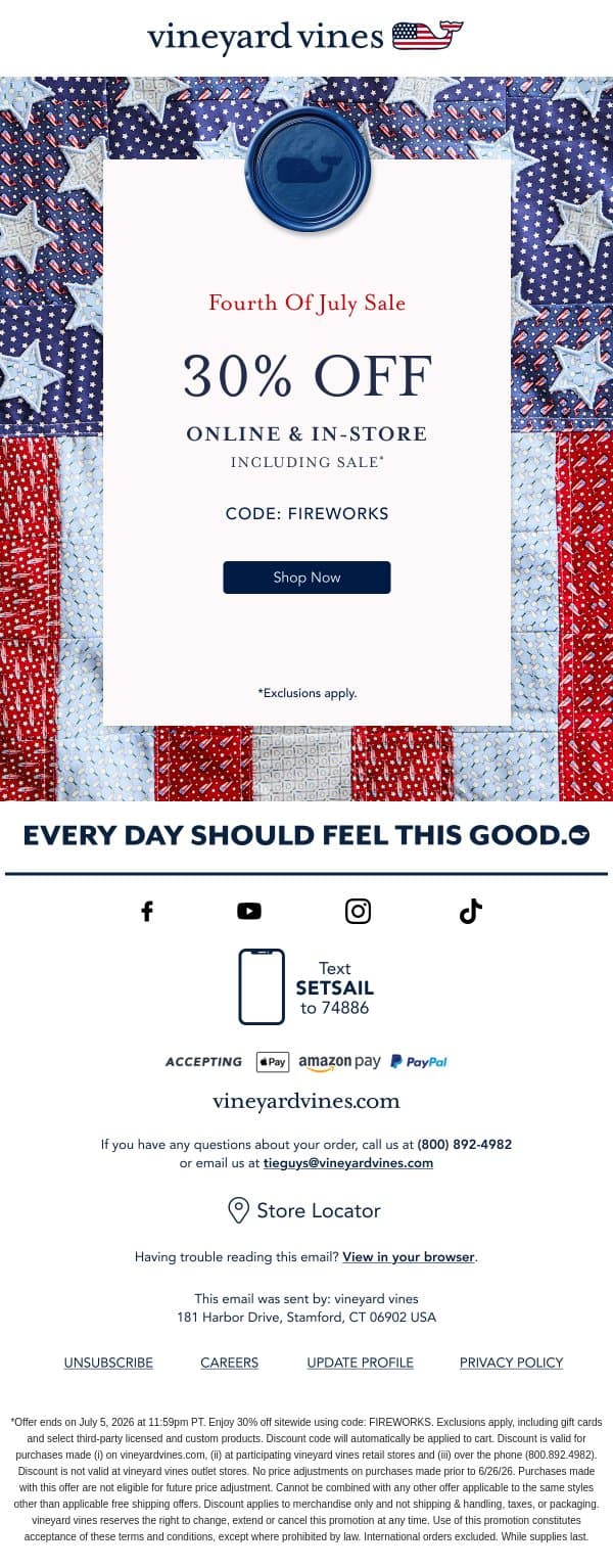 Happening Now: 30% Off email from Vineyard Vines screenshot