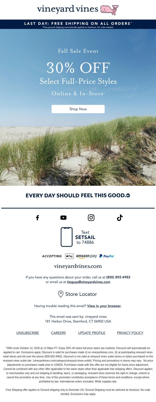 Last Day: 30% Off Select Full-Price Styles email from Vineyard Vines screenshot