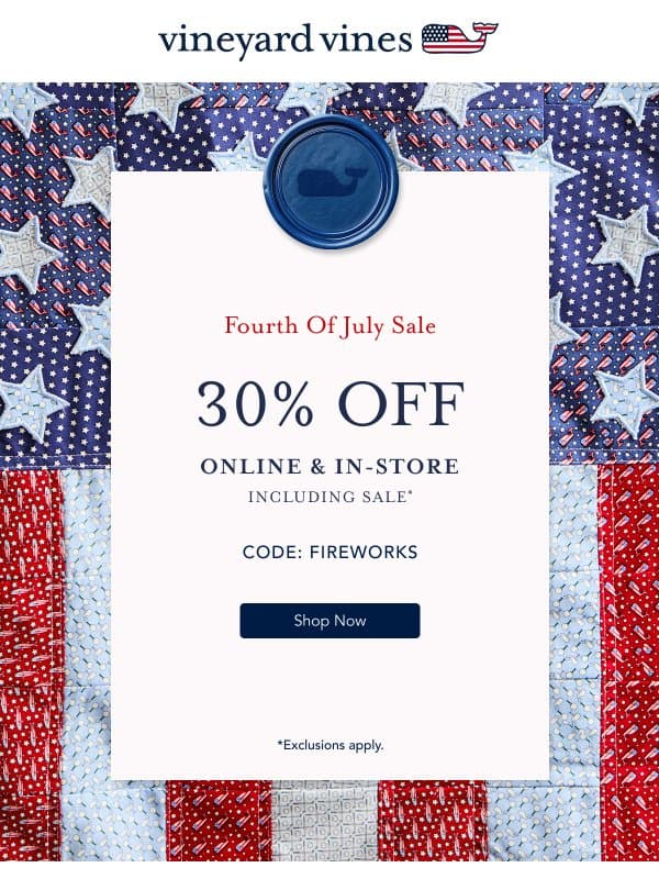 Happening Now: 30% Off email from Vineyard Vines